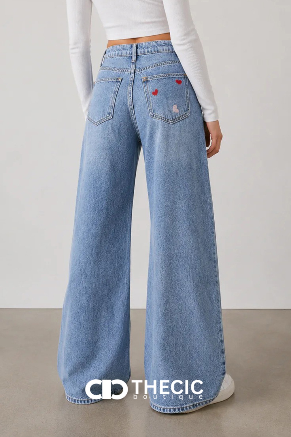 Heart Embroidered Wide-Leg Denim Jeans