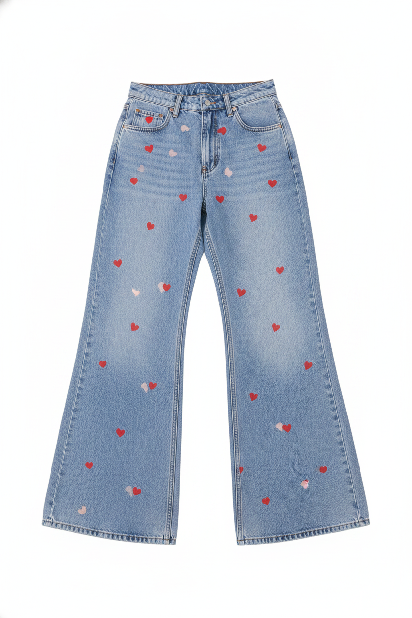 Heart Embroidered Wide-Leg Denim Jeans