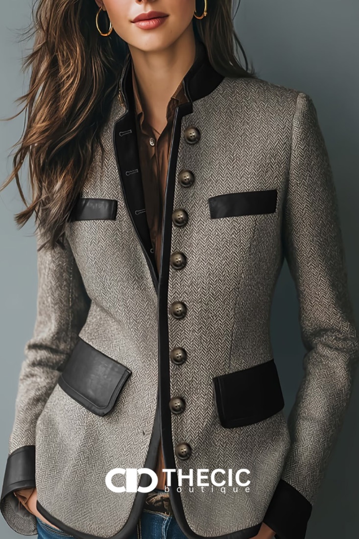 Herringbone Tweed Leather Trim Button-Front Blazer