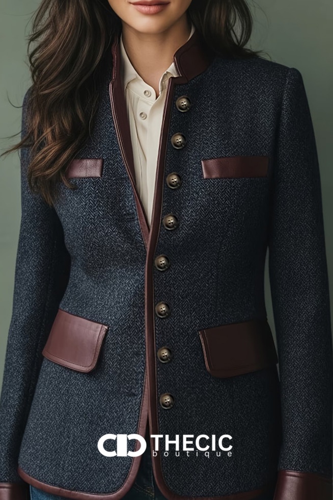 Herringbone Tweed Leather Trim Button-Front Blazer