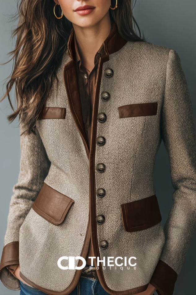 Herringbone Tweed Leather Trim Button-Front Blazer