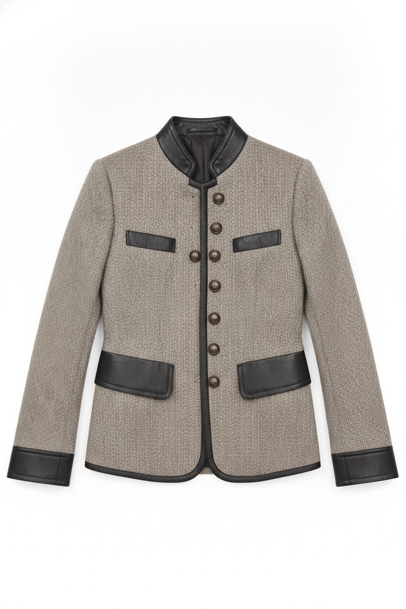 Herringbone Tweed Leather Trim Button-Front Blazer