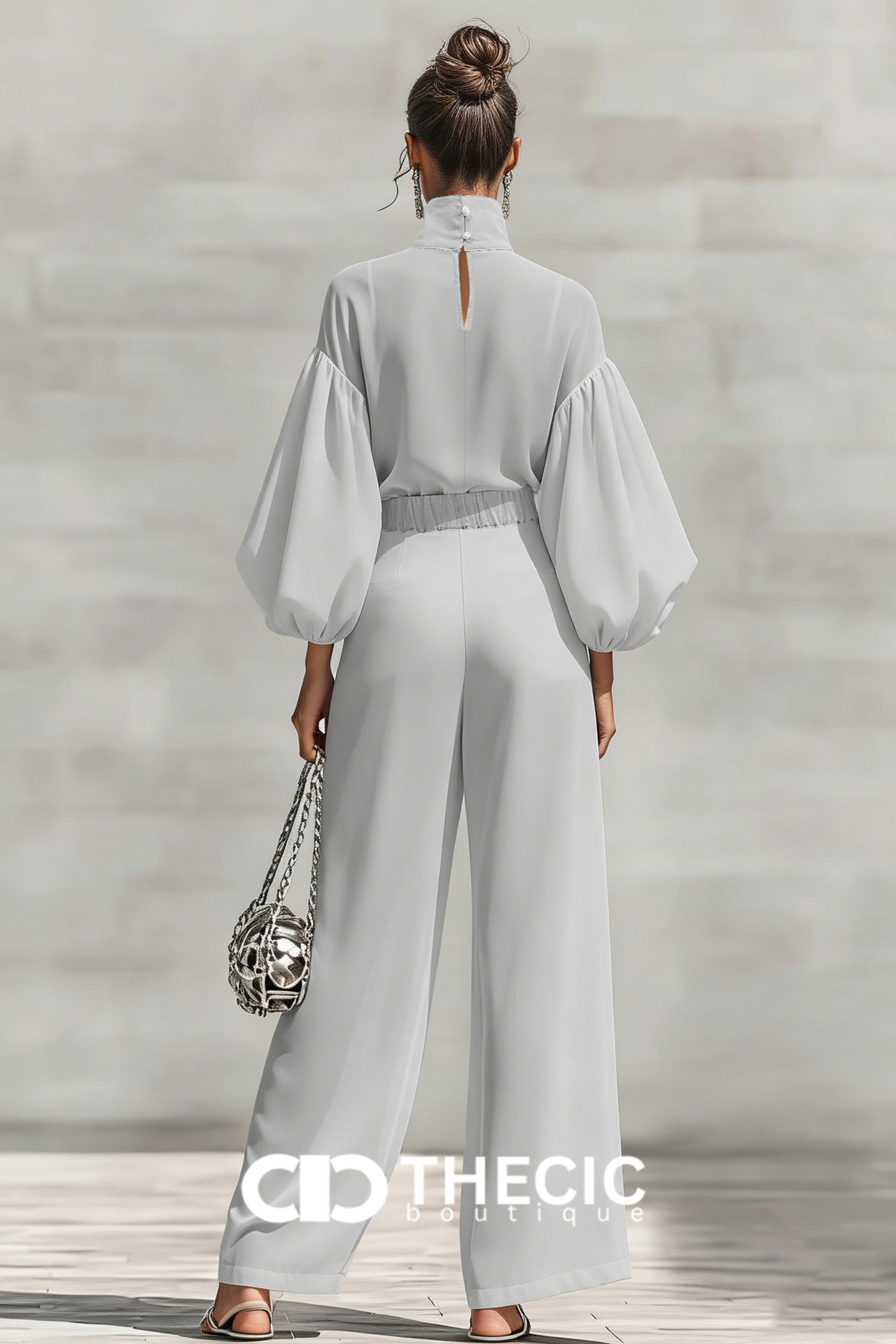 High-Neck Puff-Sleeve Wide-Leg Two-Piece Set