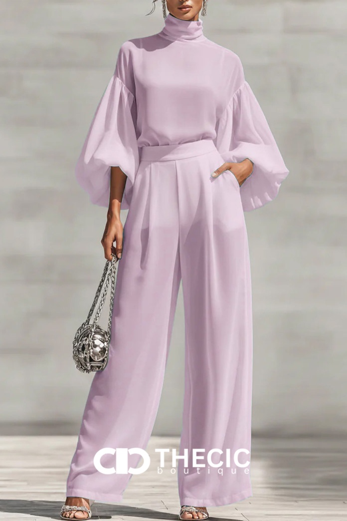 High-Neck Puff-Sleeve Wide-Leg Two-Piece Set