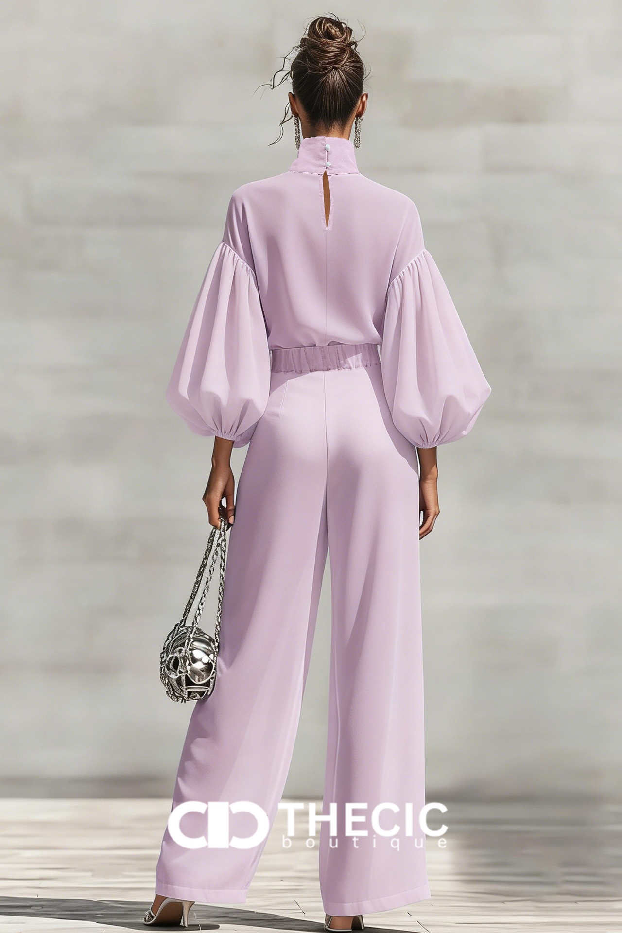 High-Neck Puff-Sleeve Wide-Leg Two-Piece Set