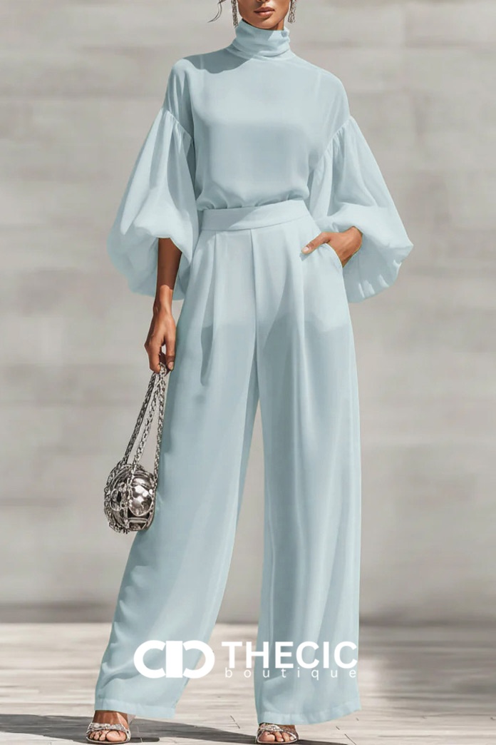 High-Neck Puff-Sleeve Wide-Leg Two-Piece Set