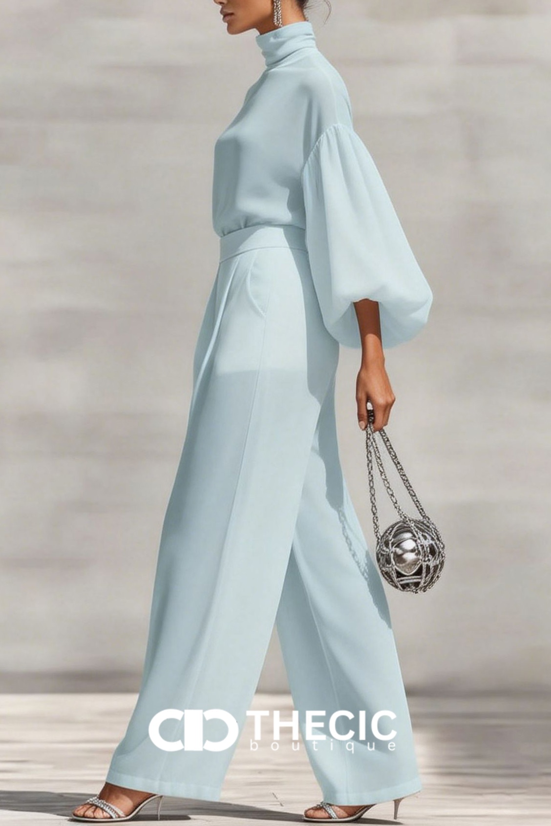 High-Neck Puff-Sleeve Wide-Leg Two-Piece Set