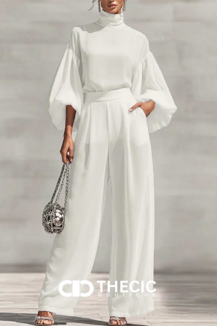 High-Neck Puff-Sleeve Wide-Leg Two-Piece Set