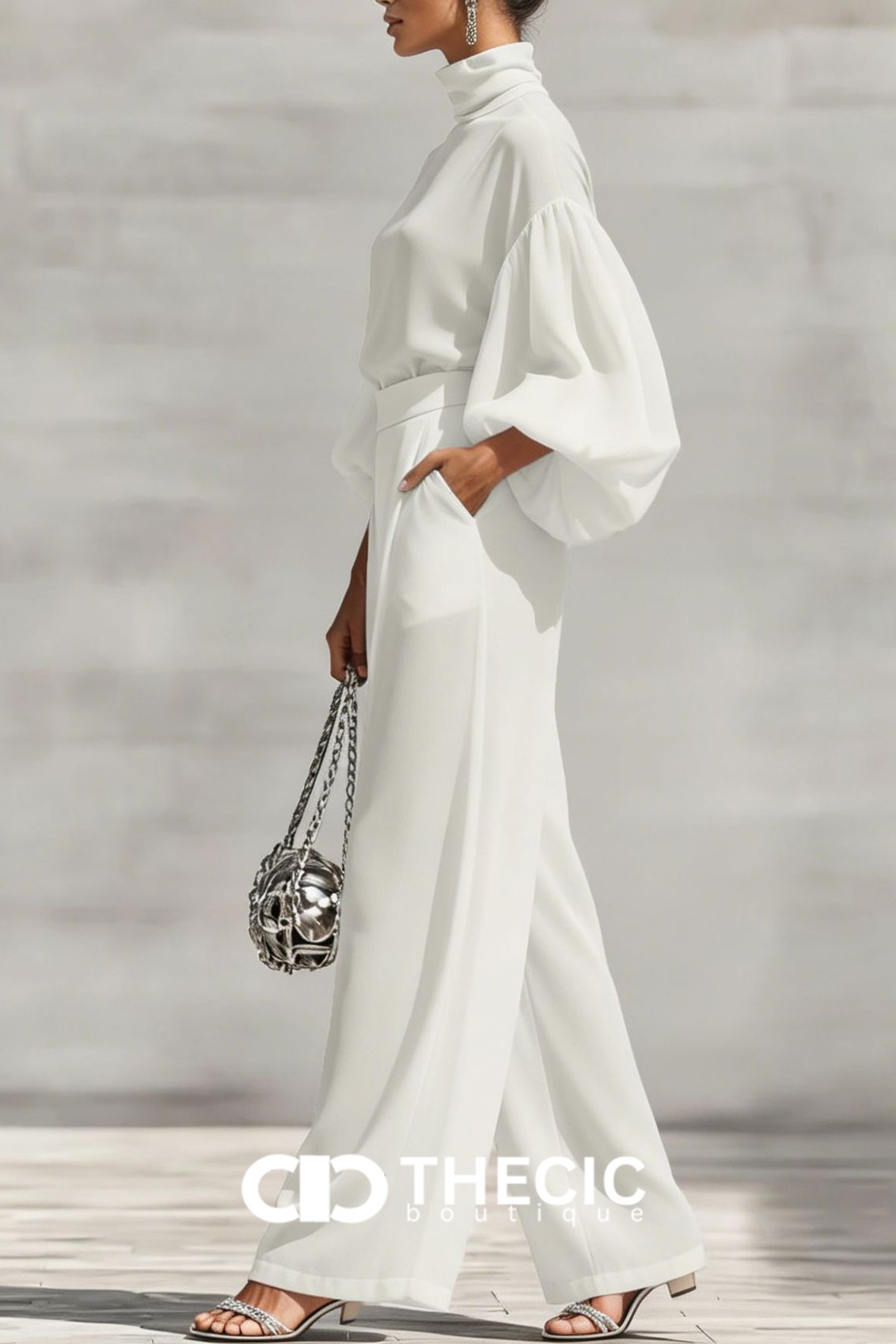 High-Neck Puff-Sleeve Wide-Leg Two-Piece Set