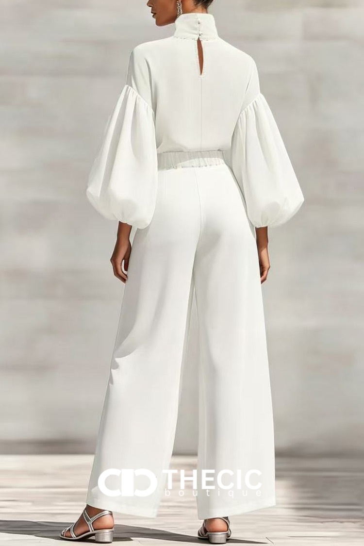 High-Neck Puff-Sleeve Wide-Leg Two-Piece Set