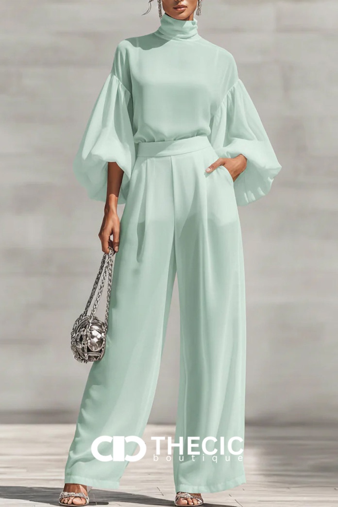 High-Neck Puff-Sleeve Wide-Leg Two-Piece Set