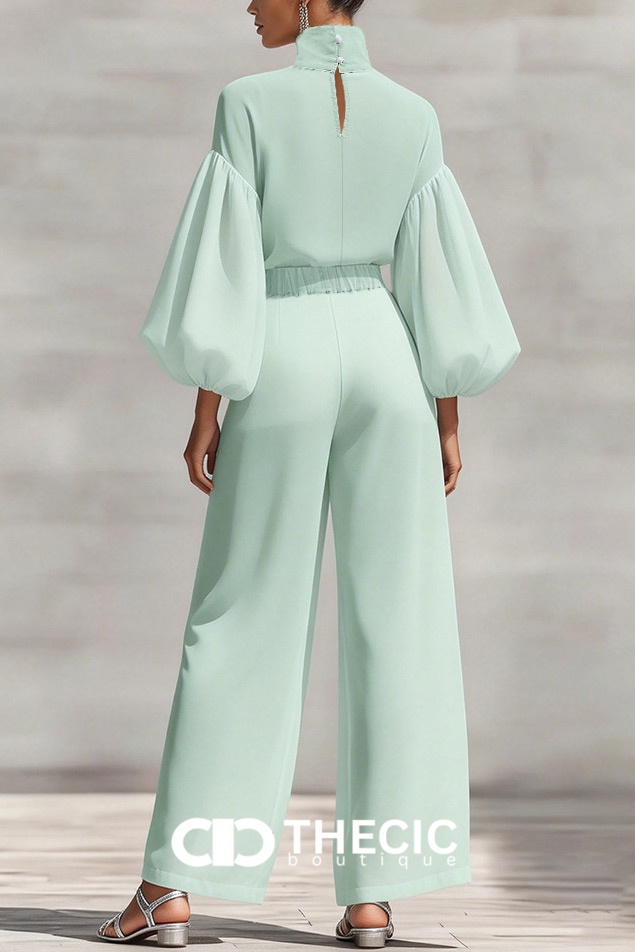 High-Neck Puff-Sleeve Wide-Leg Two-Piece Set