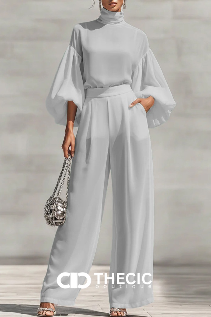High-Neck Puff-Sleeve Wide-Leg Two-Piece Set