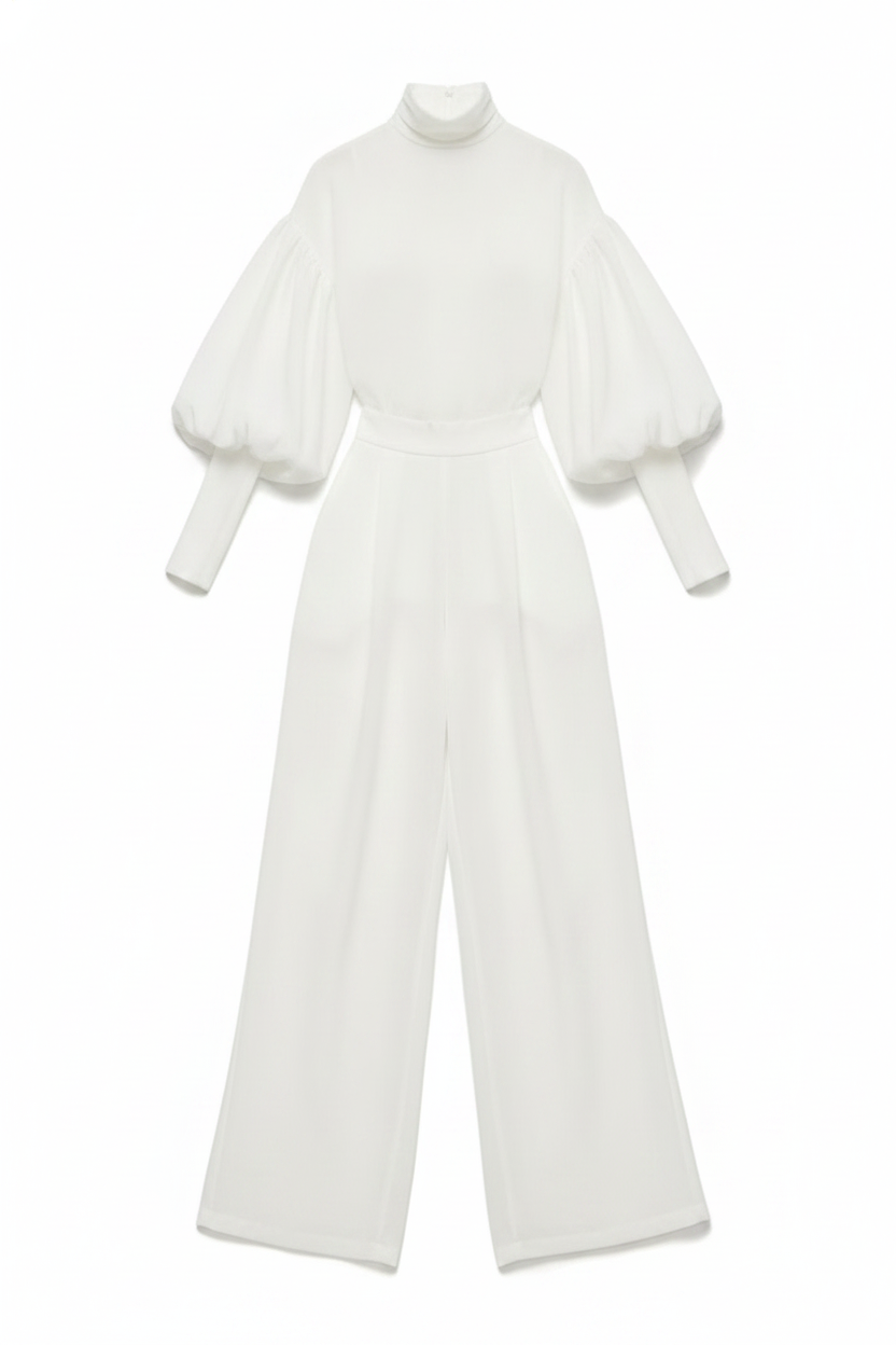 High-Neck Puff-Sleeve Wide-Leg Two-Piece Set