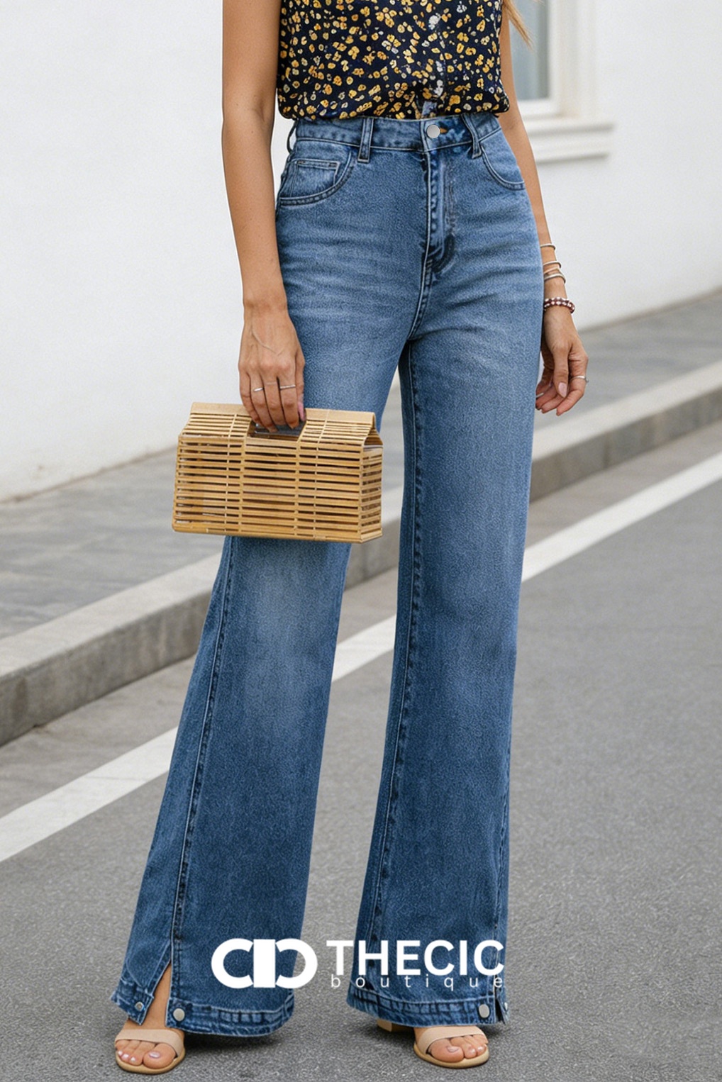 High-Waisted Flared Denim Jeans with Side Slits