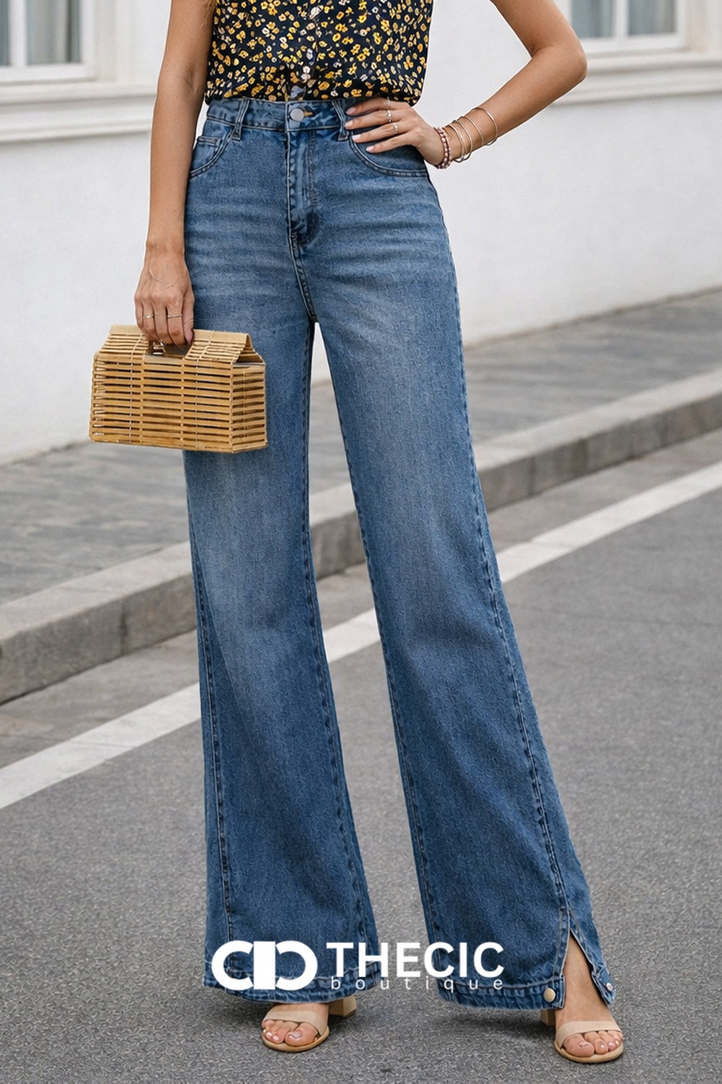 High-Waisted Flared Denim Jeans with Side Slits