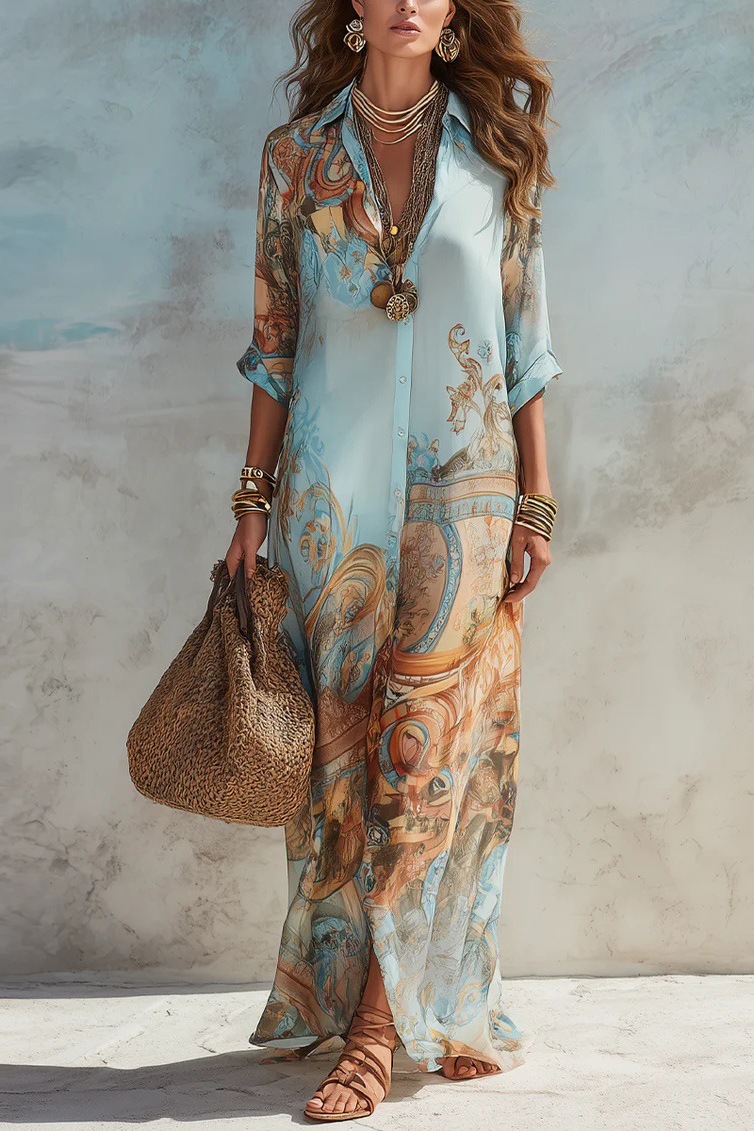 Intricate Pattern Flowy Collared Button-Front Maxi Dress