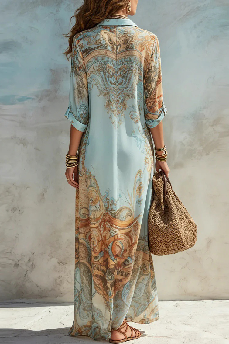Intricate Pattern Flowy Collared Button-Front Maxi Dress