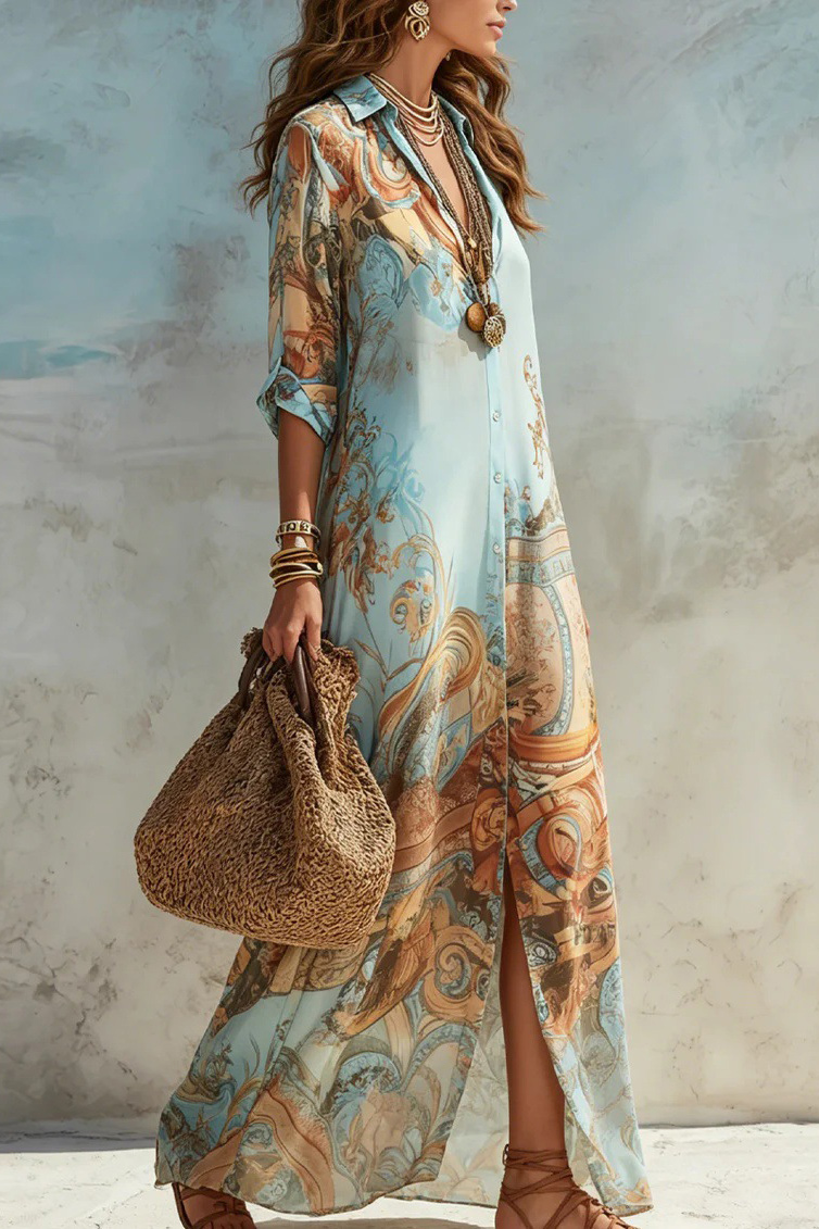 Intricate Pattern Flowy Collared Button-Front Maxi Dress