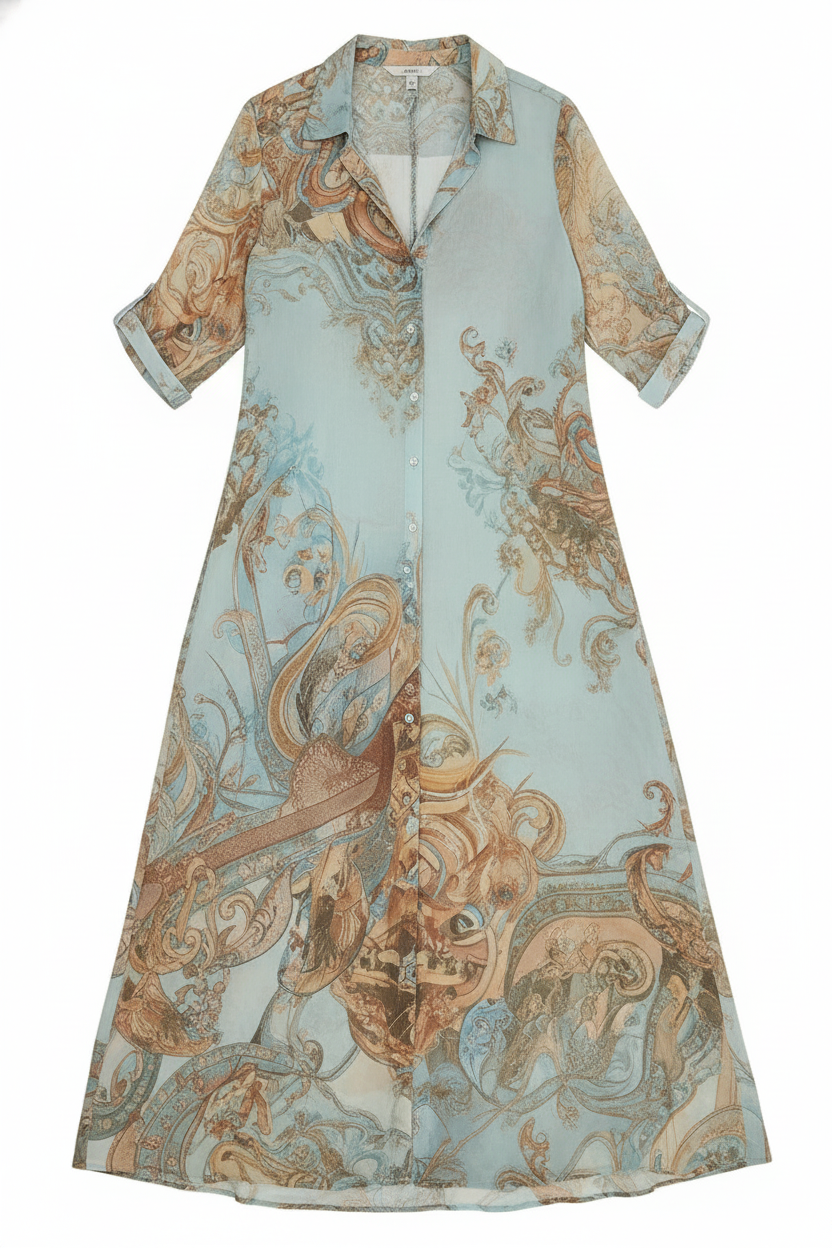Intricate Pattern Flowy Collared Button-Front Maxi Dress