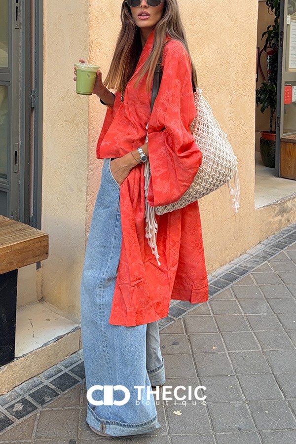 Jacquard Kimono Sleeve Open Front Cardigan
