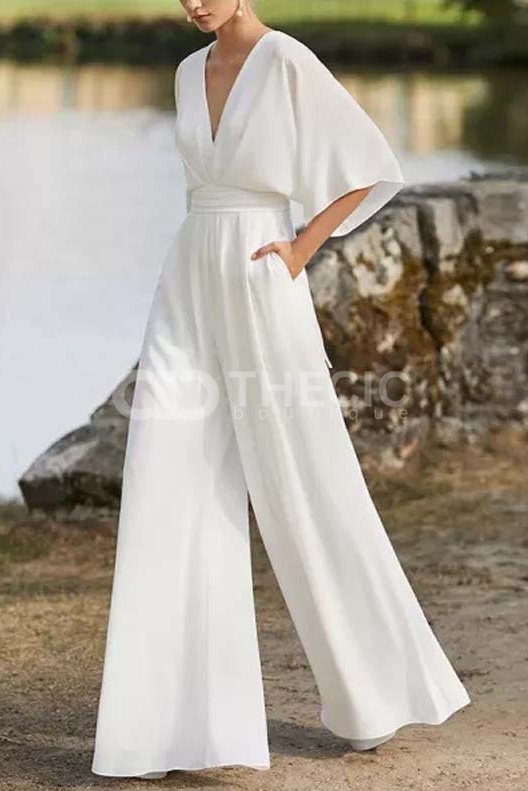 Kimono Sleeve V-Neck Belted Wide-Leg Jumpsuit