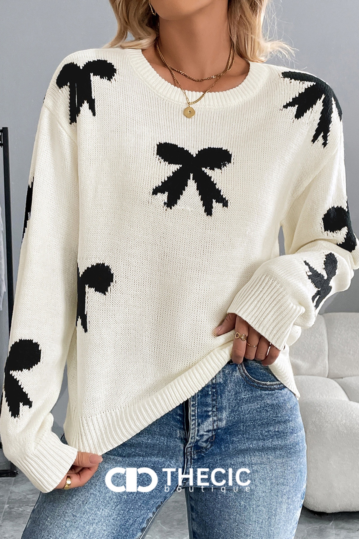 Knit Bow Print Crew Neck Sweater
