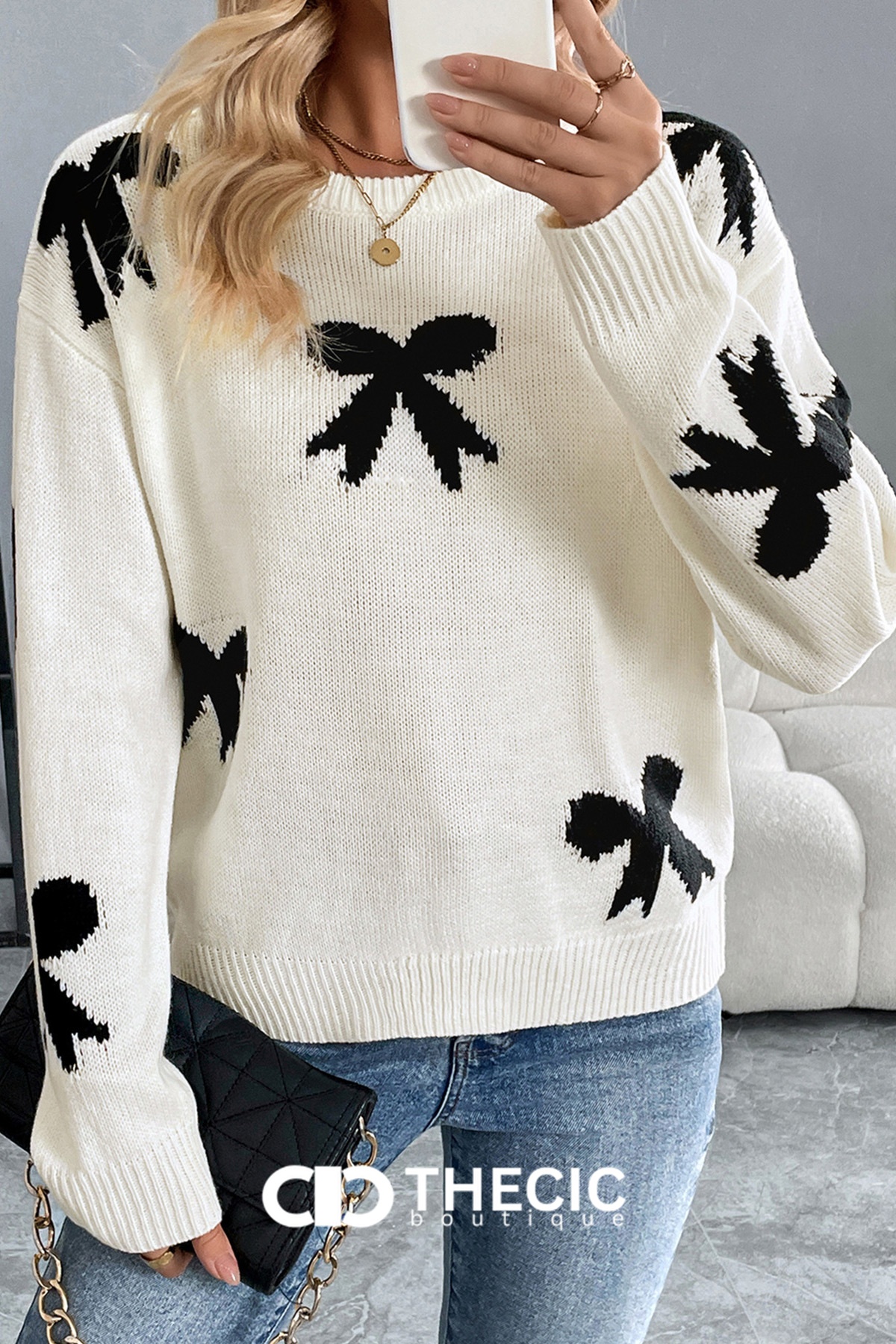 Knit Bow Print Crew Neck Sweater