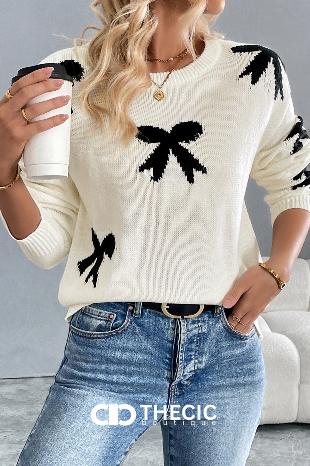 Knit Bow Print Crew Neck Sweater