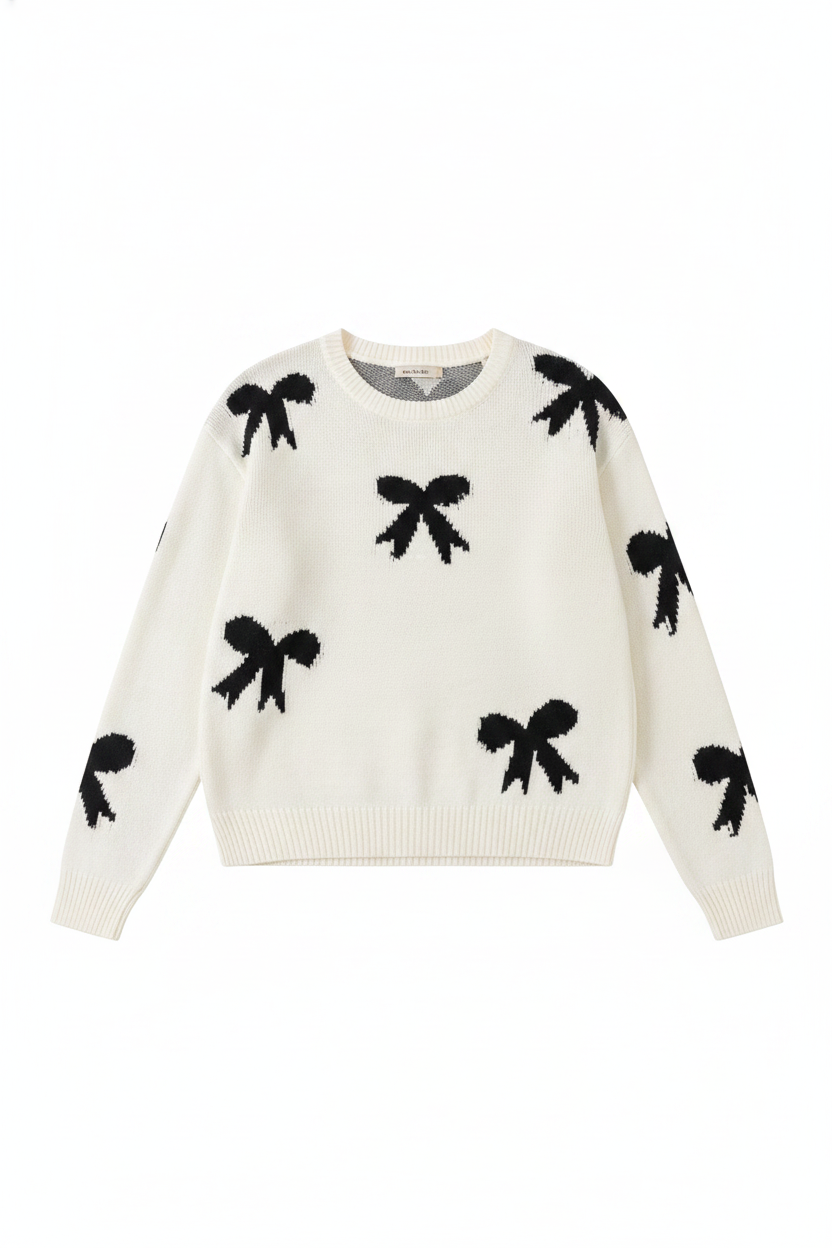 Knit Bow Print Crew Neck Sweater
