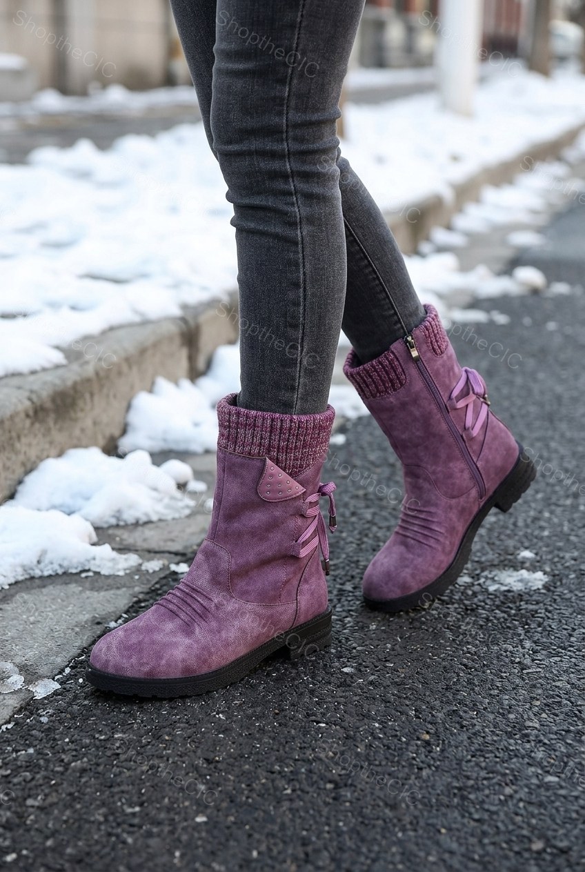 Knit Cuff Ruched Lace-Up Mid-Calf Boots