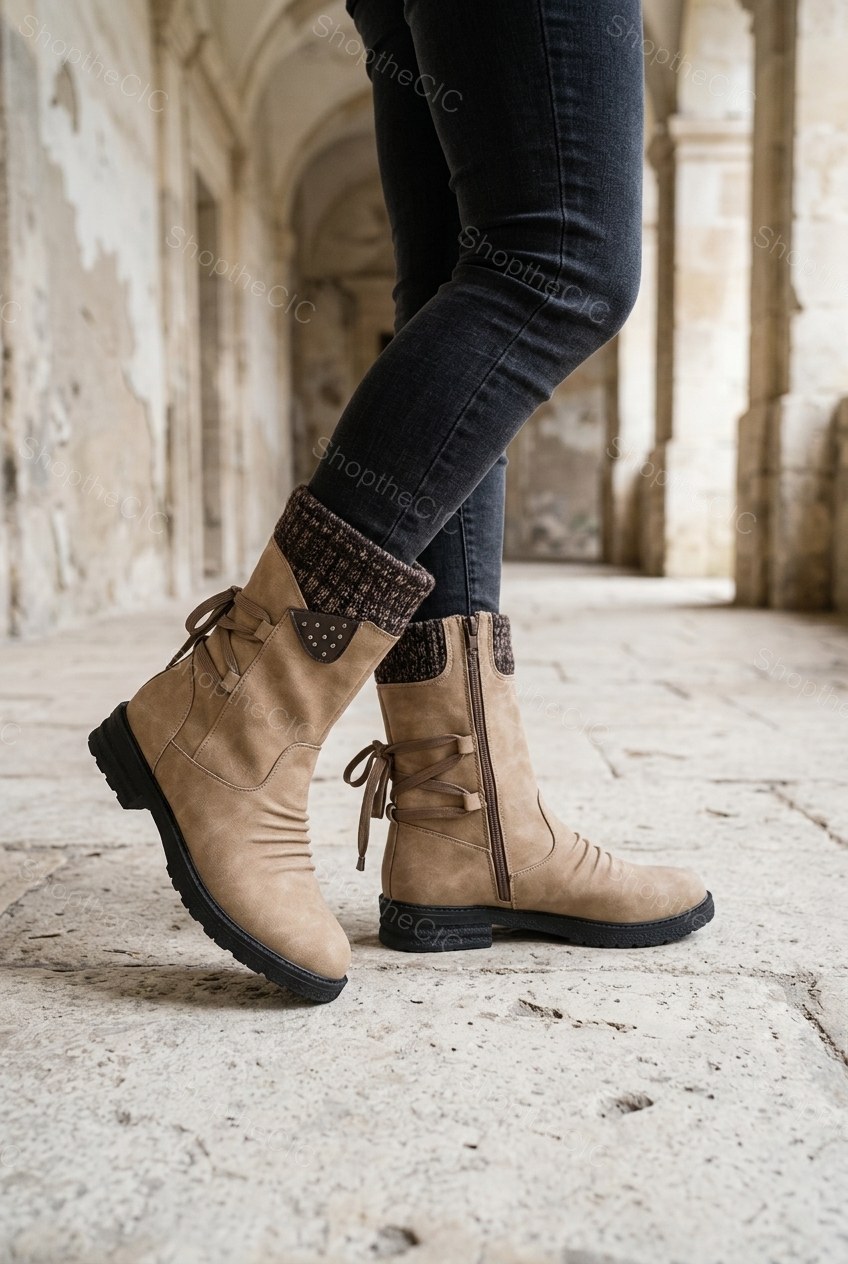 Knit Cuff Ruched Lace-Up Mid-Calf Boots