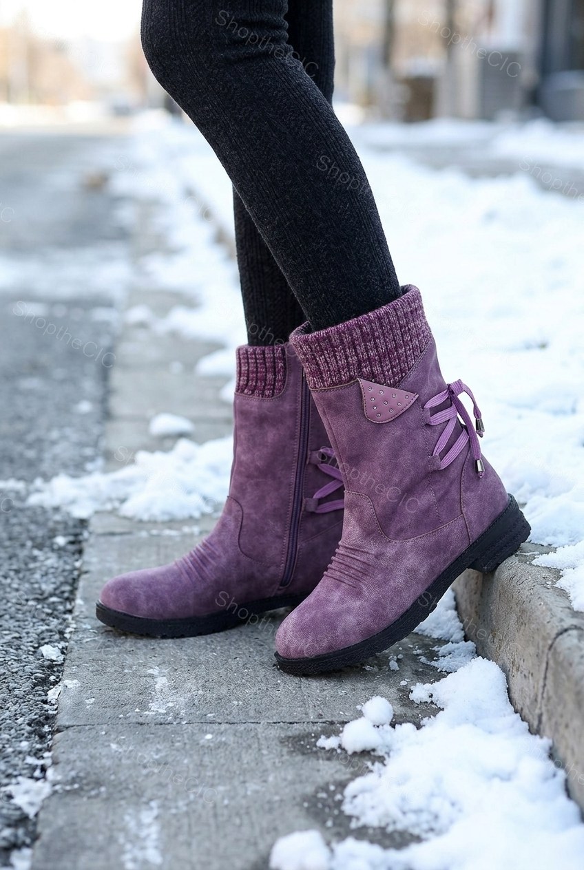 Knit Cuff Ruched Lace-Up Mid-Calf Boots