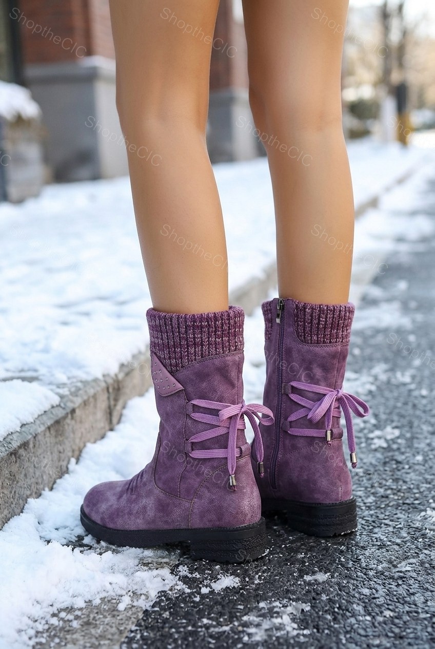Knit Cuff Ruched Lace-Up Mid-Calf Boots