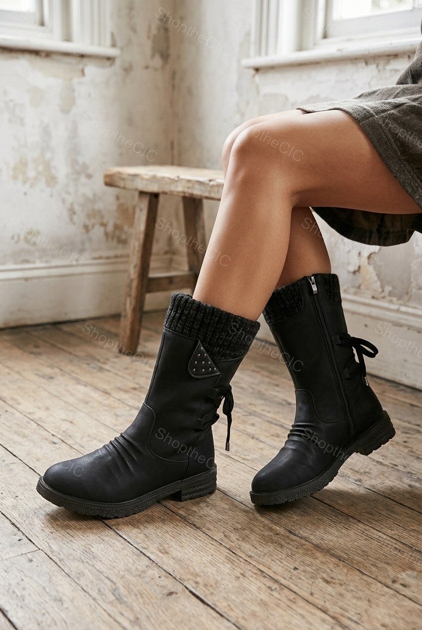 Knit Cuff Ruched Lace-Up Mid-Calf Boots