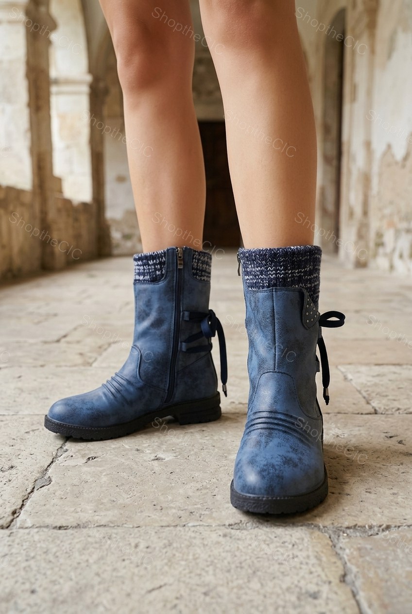 Knit Cuff Ruched Lace-Up Mid-Calf Boots