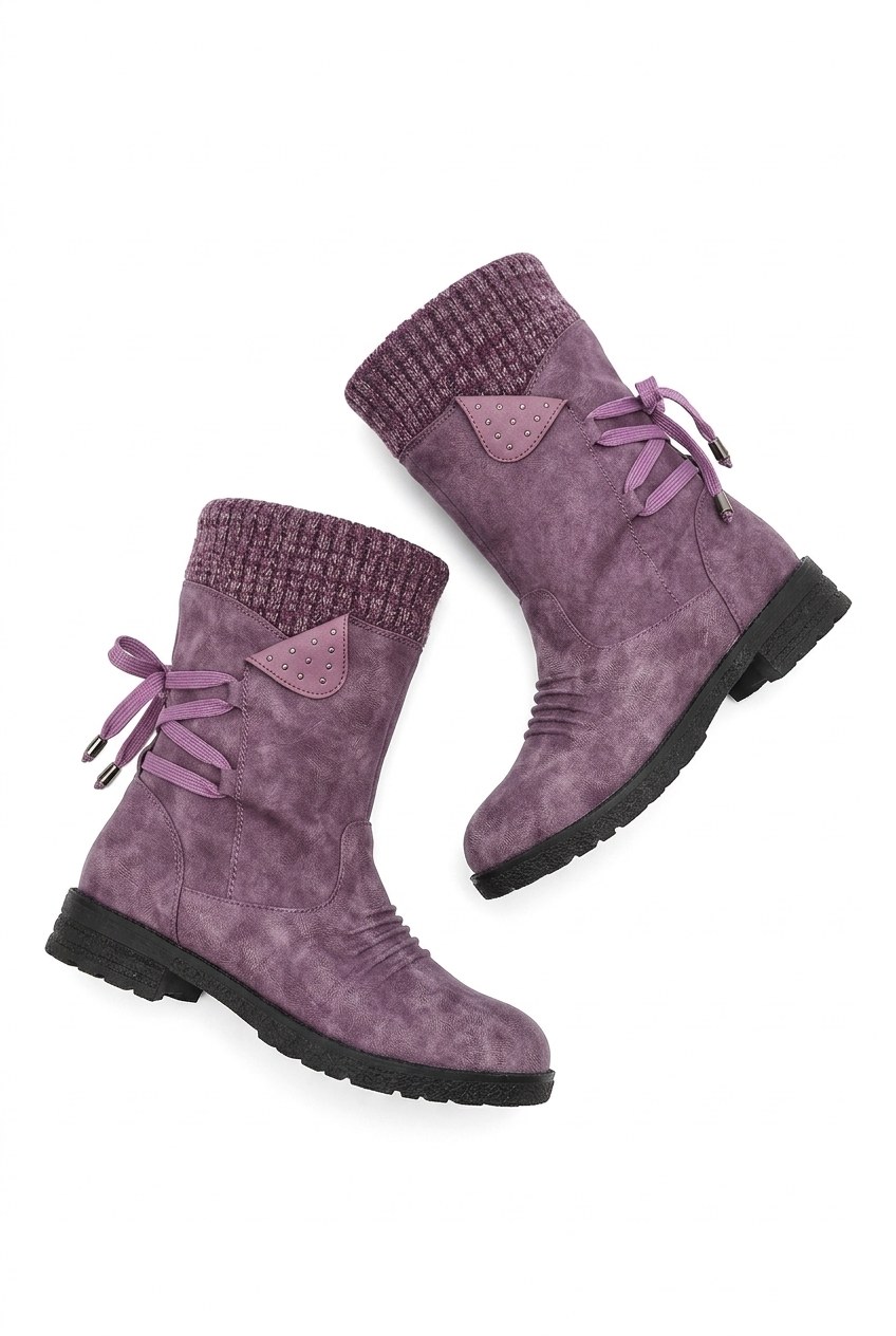 Knit Cuff Ruched Lace-Up Mid-Calf Boots