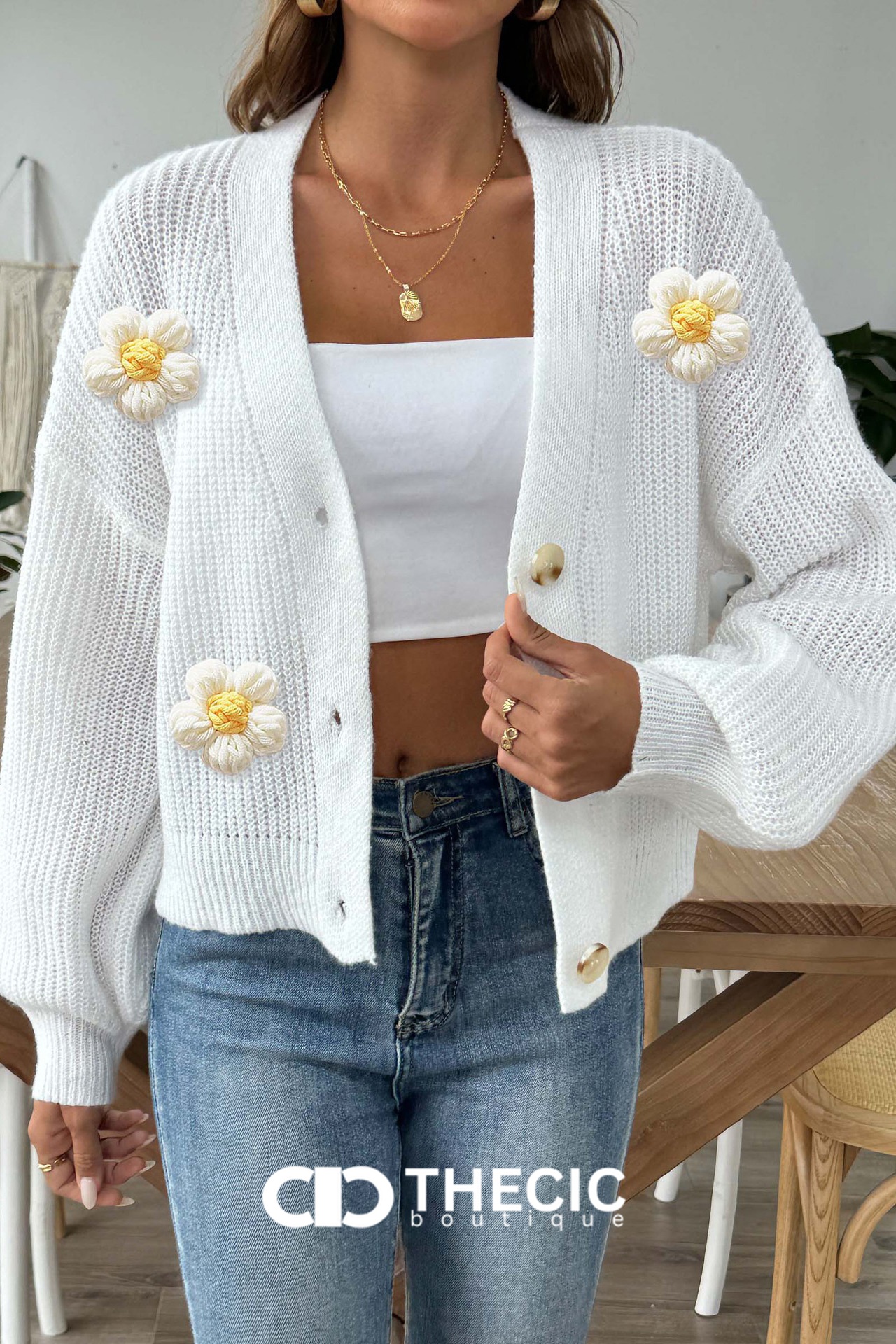 Knit Flower Applique Button-Front Cardigan