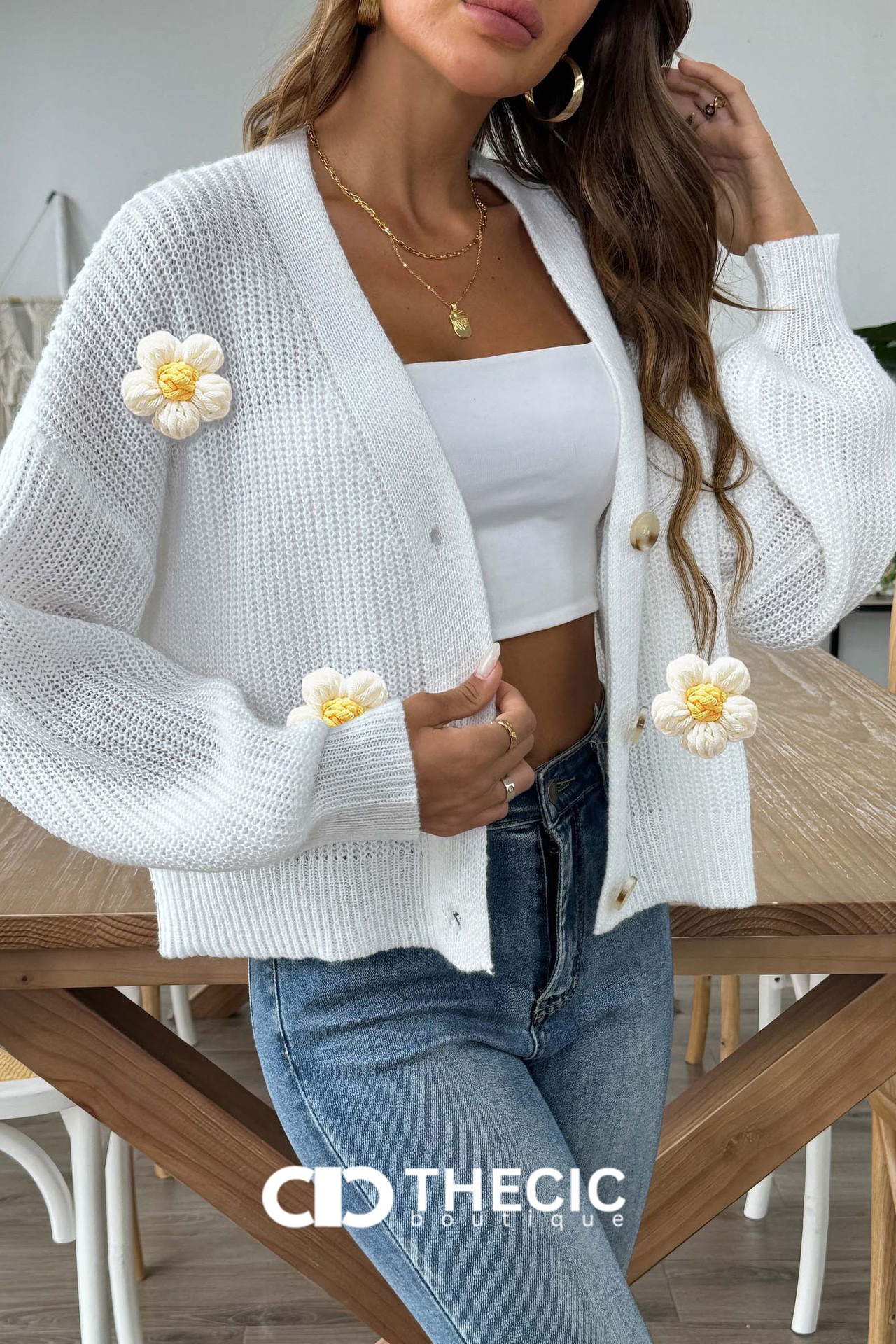Knit Flower Applique Button-Front Cardigan