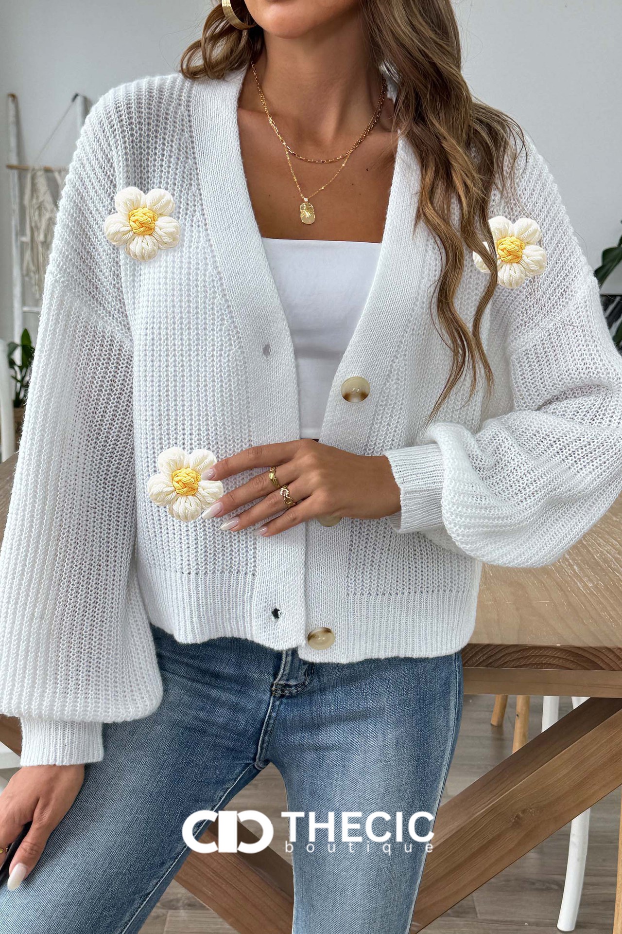 Knit Flower Applique Button-Front Cardigan