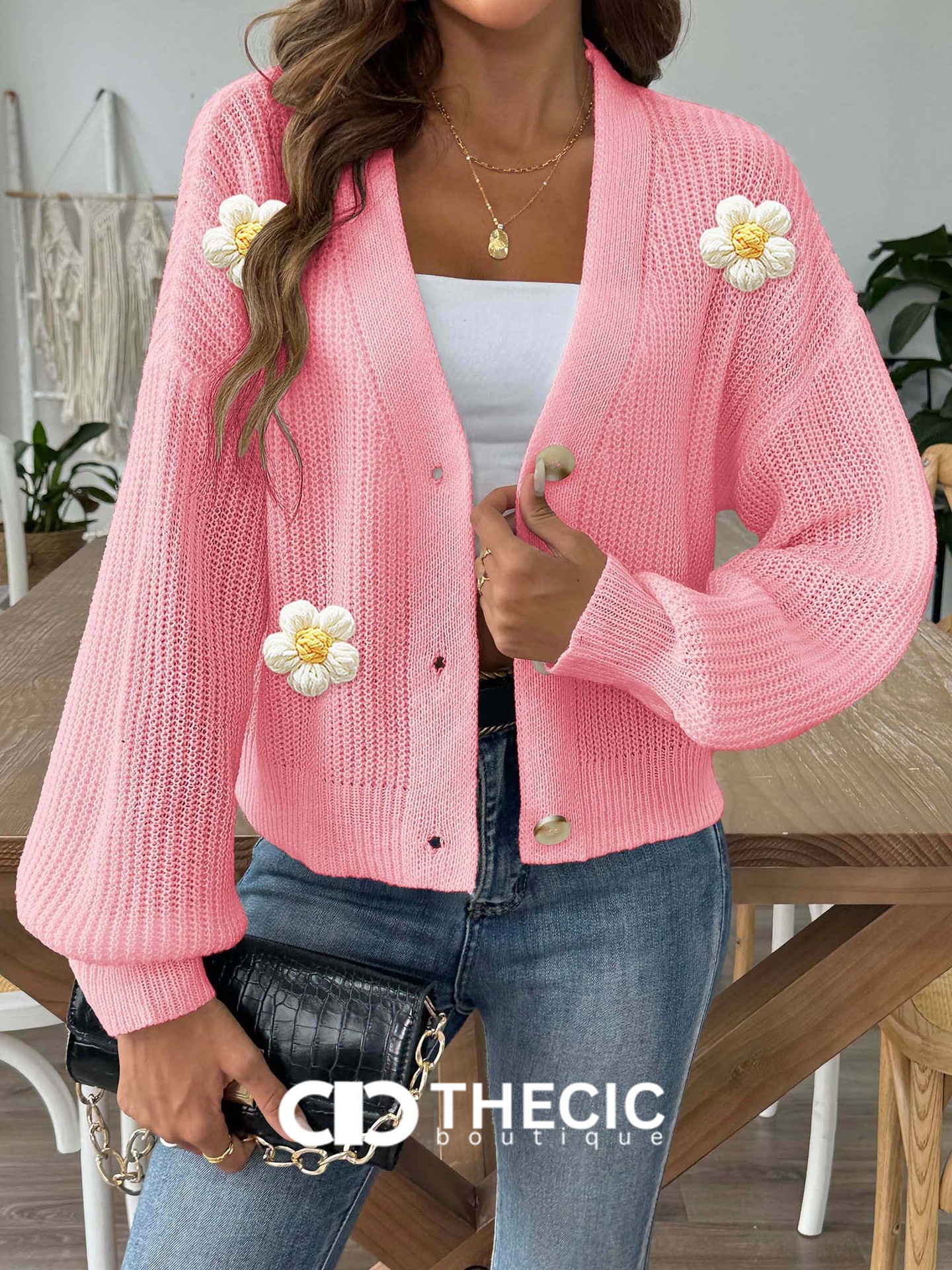 Knit Flower Applique Button-Front Cardigan