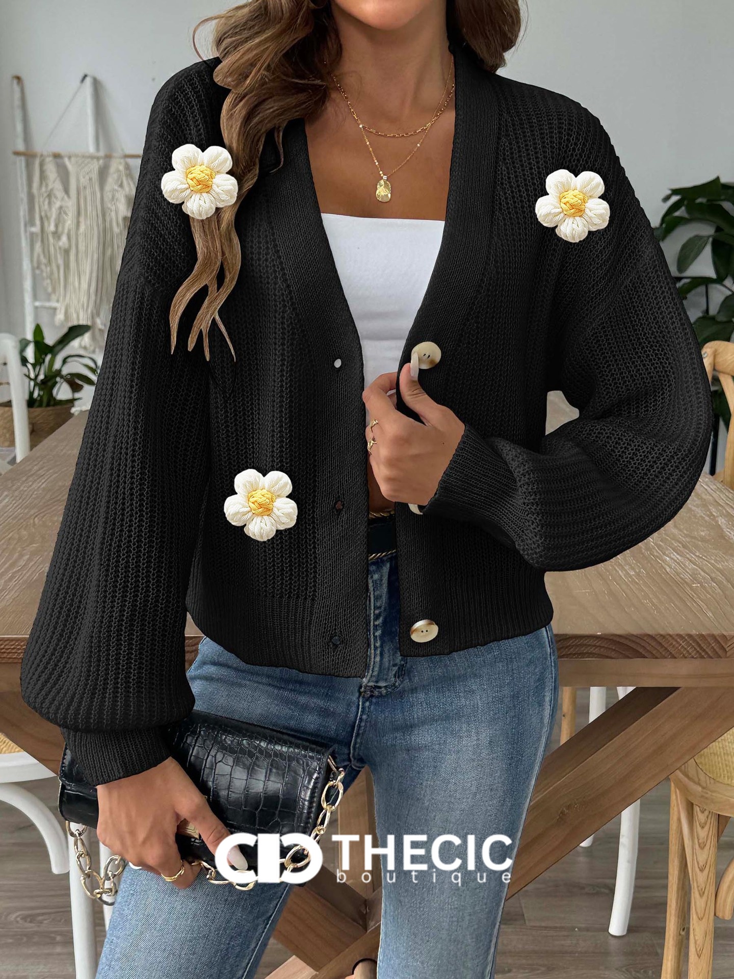 Knit Flower Applique Button-Front Cardigan