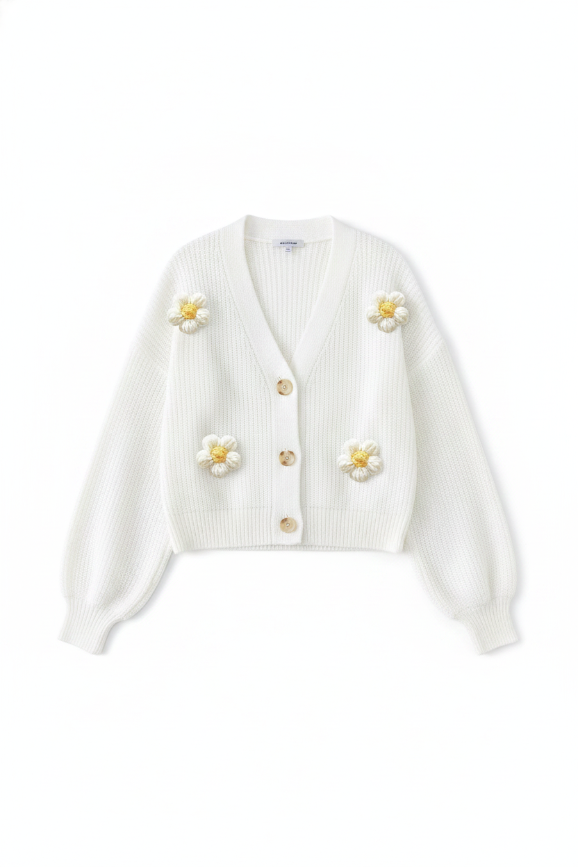 Knit Flower Applique Button-Front Cardigan