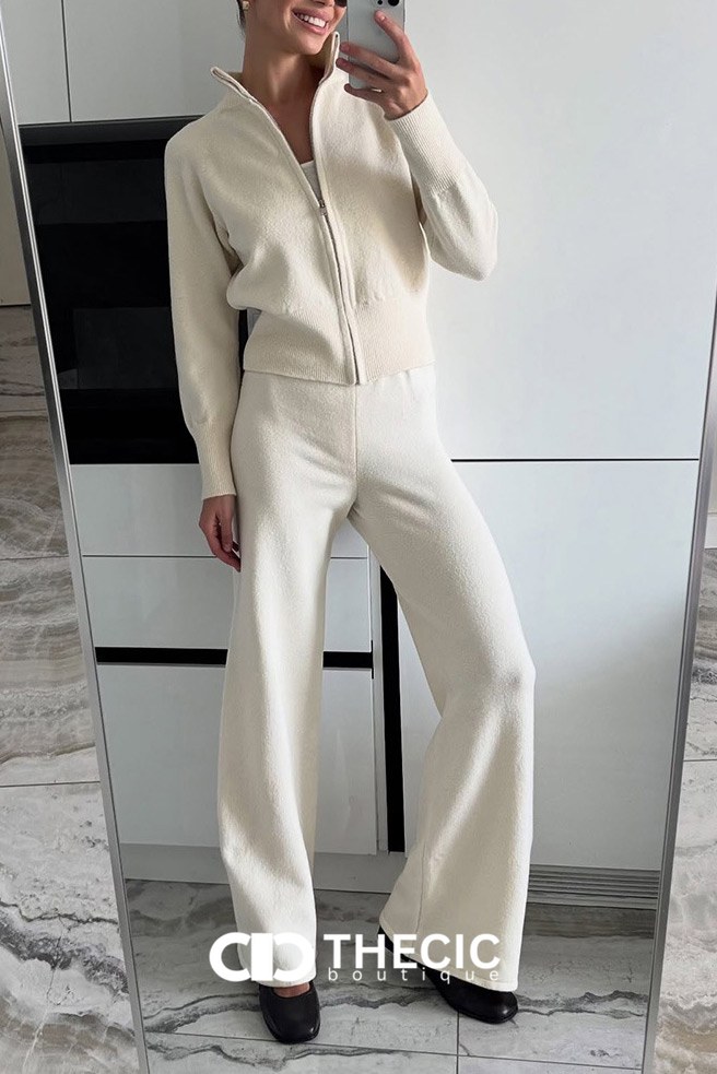 Knit Full-Zip Polo Collar Wide-Leg Pants Set