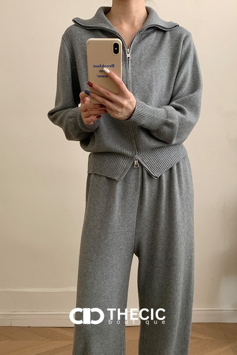 Knit Full-Zip Polo Collar Wide-Leg Pants Set