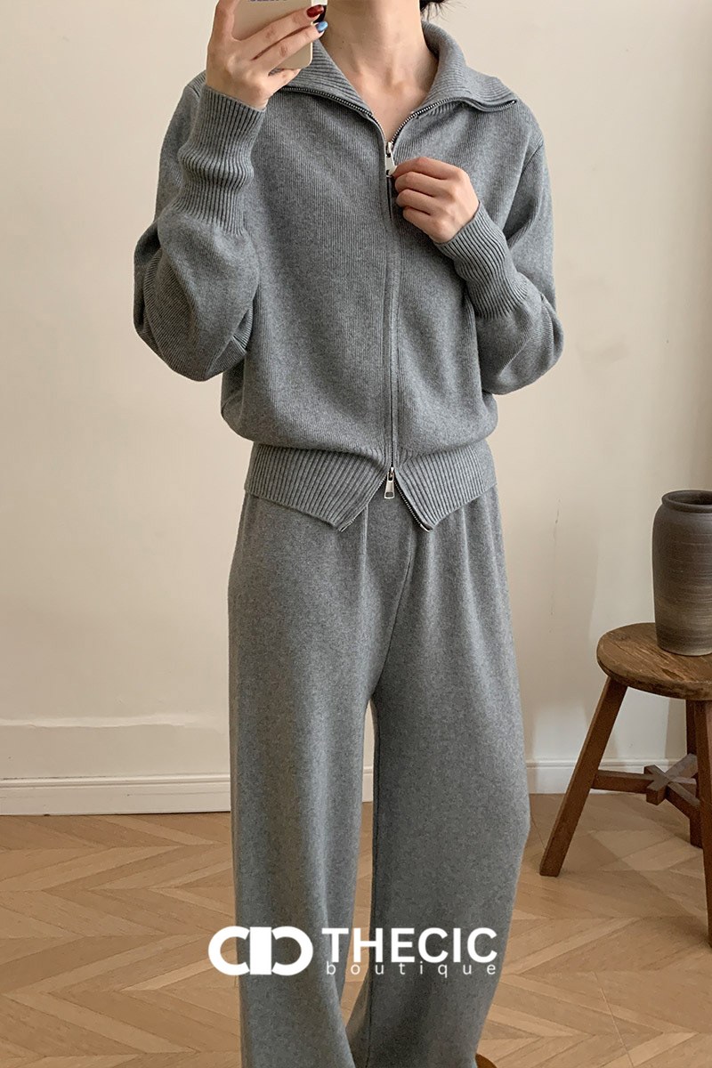 Knit Full-Zip Polo Collar Wide-Leg Pants Set