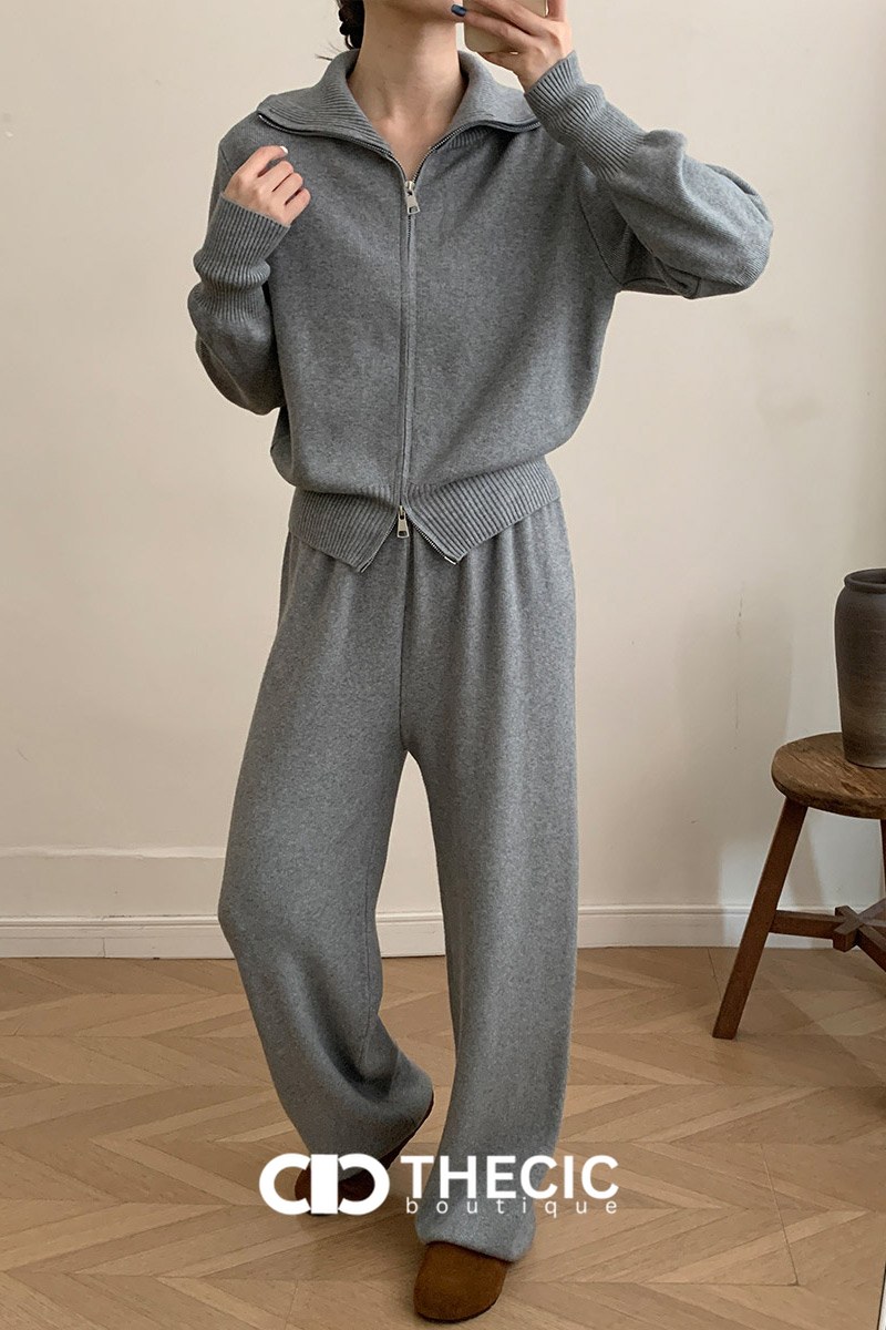 Knit Full-Zip Polo Collar Wide-Leg Pants Set