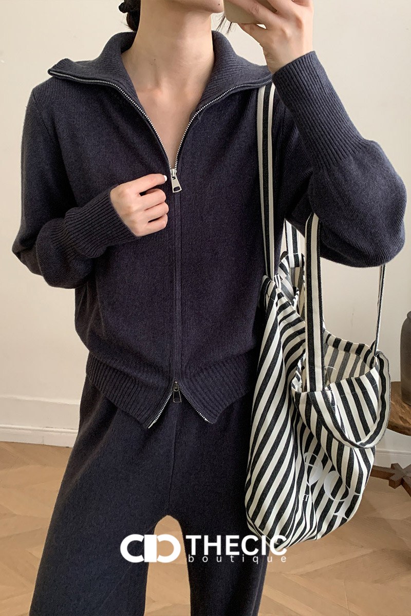 Knit Full-Zip Polo Collar Wide-Leg Pants Set