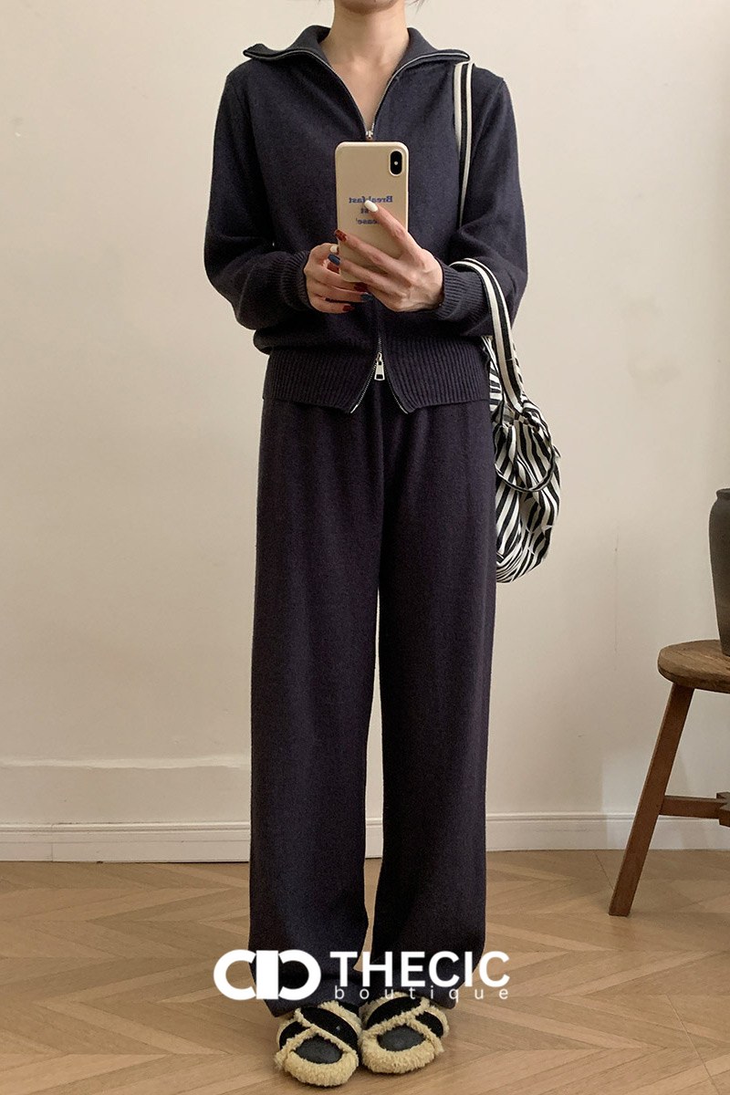 Knit Full-Zip Polo Collar Wide-Leg Pants Set
