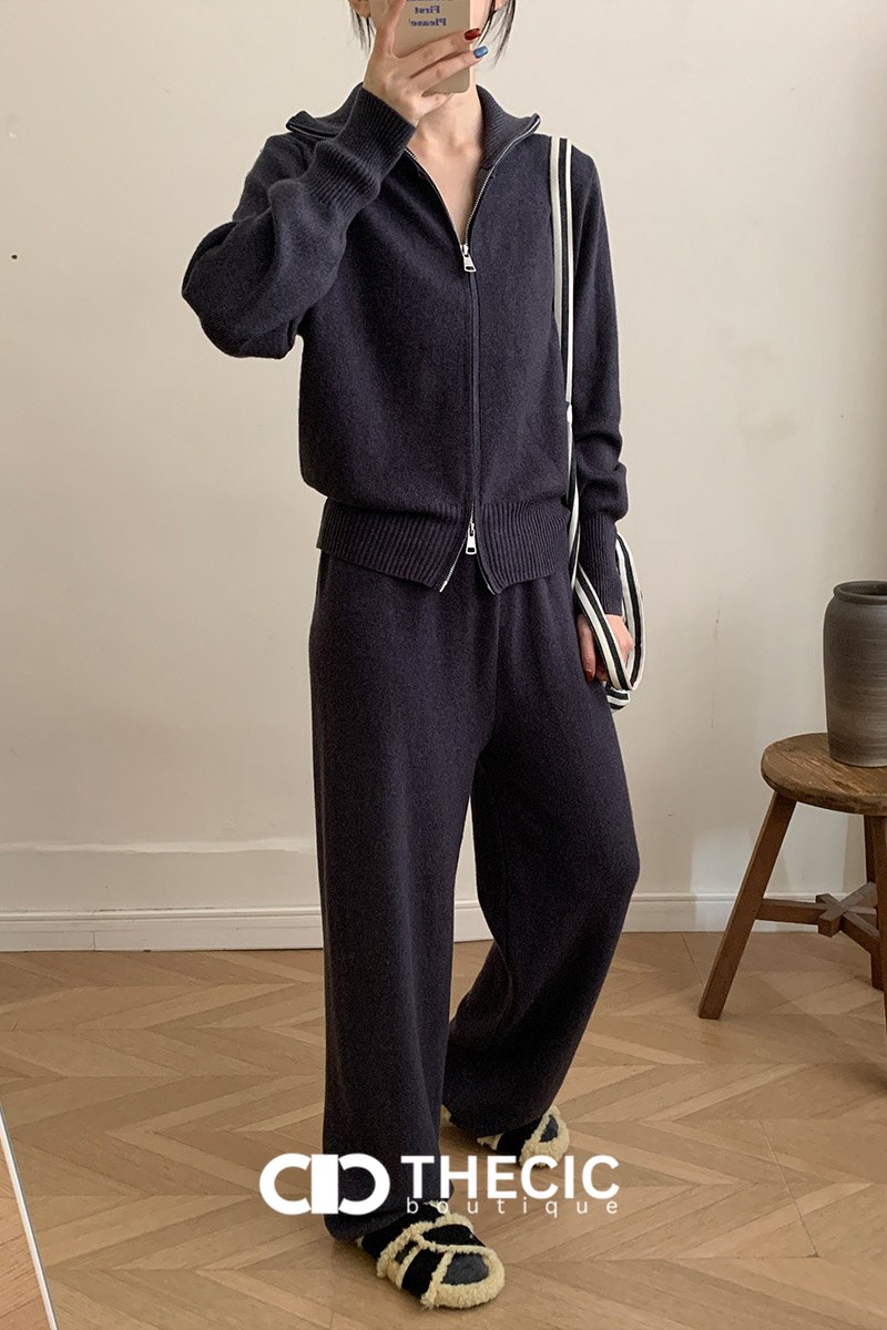 Knit Full-Zip Polo Collar Wide-Leg Pants Set